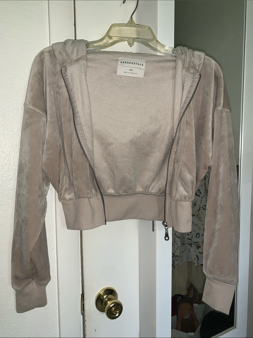 Aeropostale Taupe Cropped Velour Zip-Up Hoodie